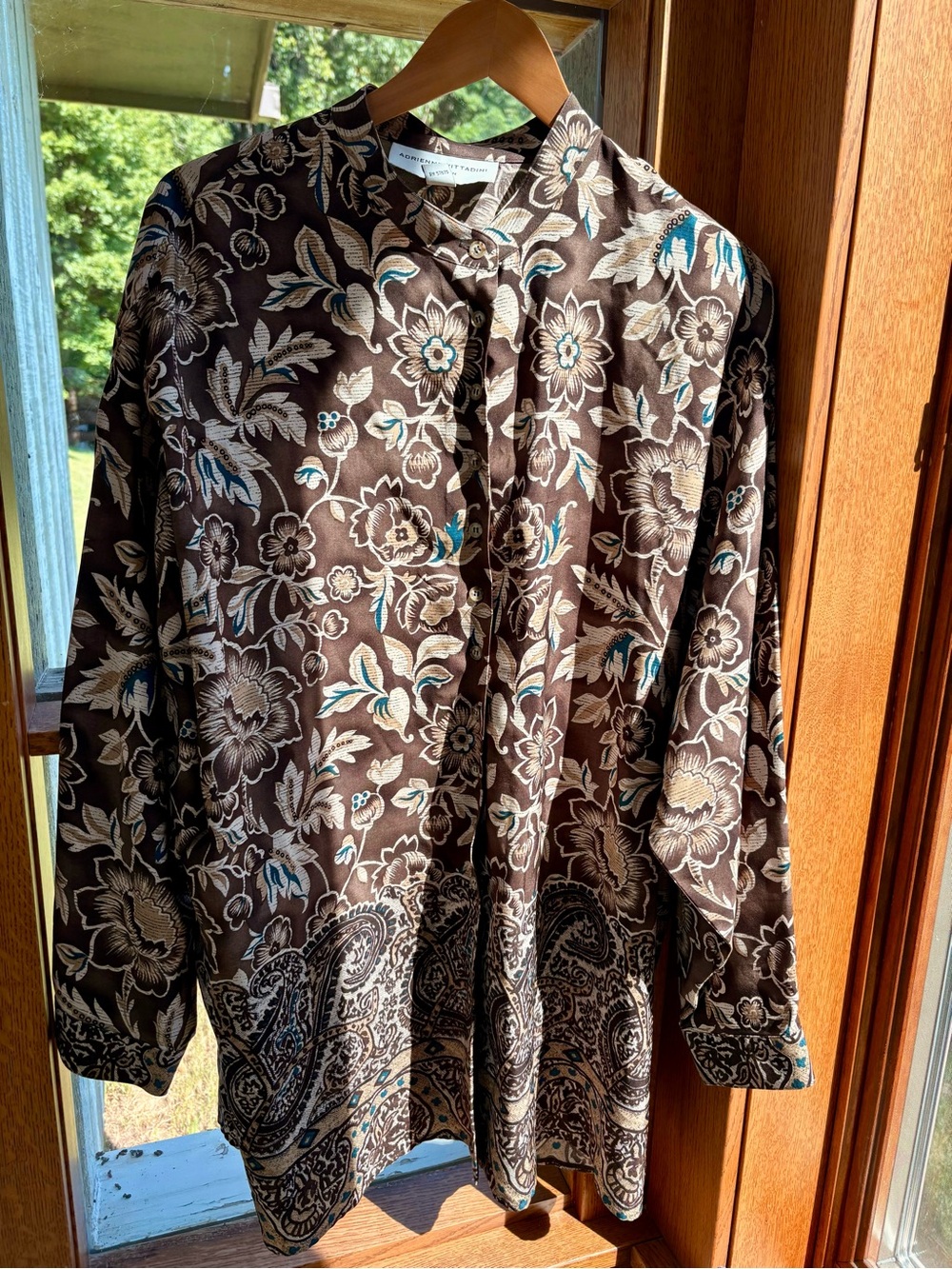 Adrienne Vittadini 100% Silk Shirtdress Blouse Tunic 2X Brown Floral